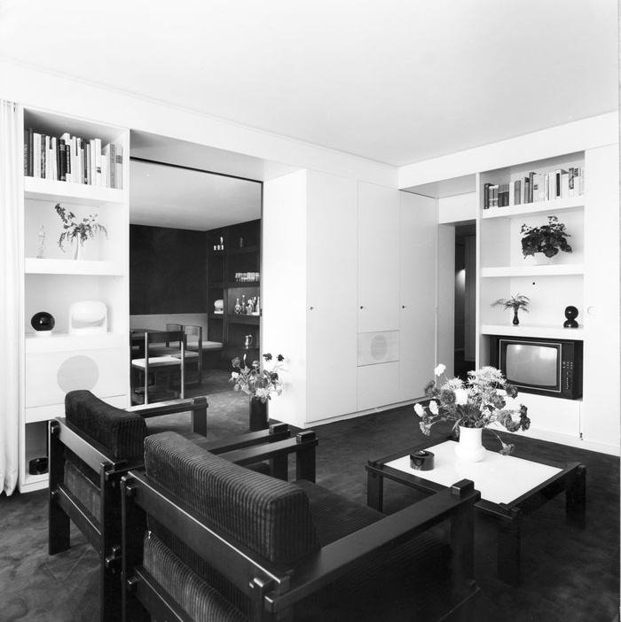 Wohnung Prior, in der Egon Rainer seine Vorstellungen einer flexiblen und funktionsgerechten Raumnutzung umsetzte, um 1972