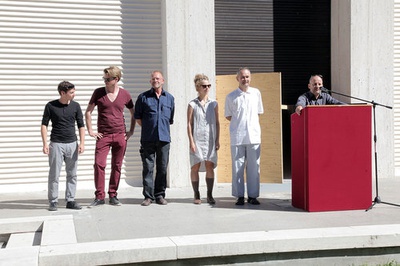 Österreichischer Beitrag auf der 13. internationalen Architekturausstellung „La Biennale di Venezia“ – Eröffnung des österreichischen Pavillons auf der Architektur Biennale 2012 mit Simon Oberhammer, Martin Perktold, Rens Veltman, Christina Jauernik, Architekt Wolfgang Tschapeller und Kommissär Arno Ritter (© Günter R. Wett)