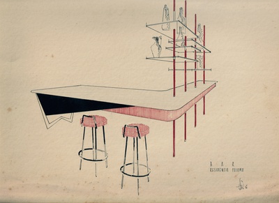 Skizze für Innenausstattung Residencia Paloma, Ehrentraut Schott, 1956