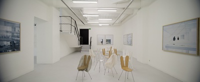 Blick in die Ausstellung mit "rabbit chairs" von SANAA und "Bildraum S 106", "Bildraum S 148", "Rohbauten 46" und "Bildraum S 1" von Walter Niedermayr