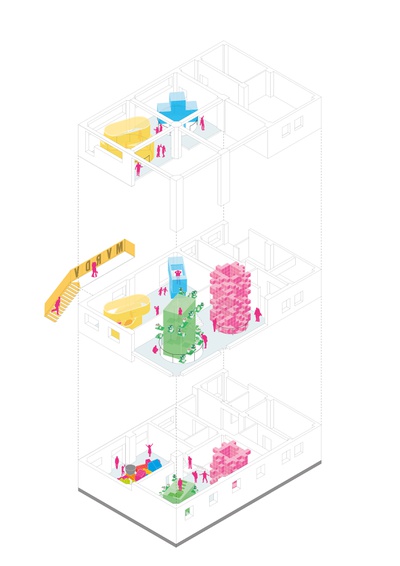 Ausstellungskonzept - Axonometrie: Das aut wird durch 4 Türme transformiert.