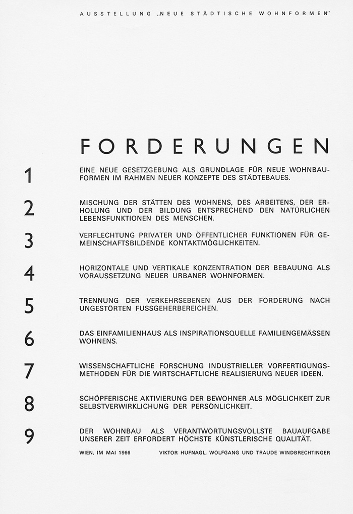 Forderungen von Viktor Hufnagl, Traude und Wolfgang Windbrechtinger, Ausstellung „Neue städtische Wohnformen“, 1966