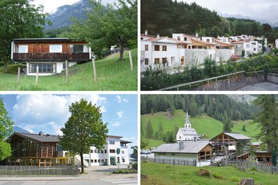 Vier der in der Ausstellung gezeigte Bauten von Norbert Fritz (Haus Fritz, Siedlung Pumpligahn, Gemeindezentrum Strass im Zillertal, Ausflugsgasthaus "Badl Alm")