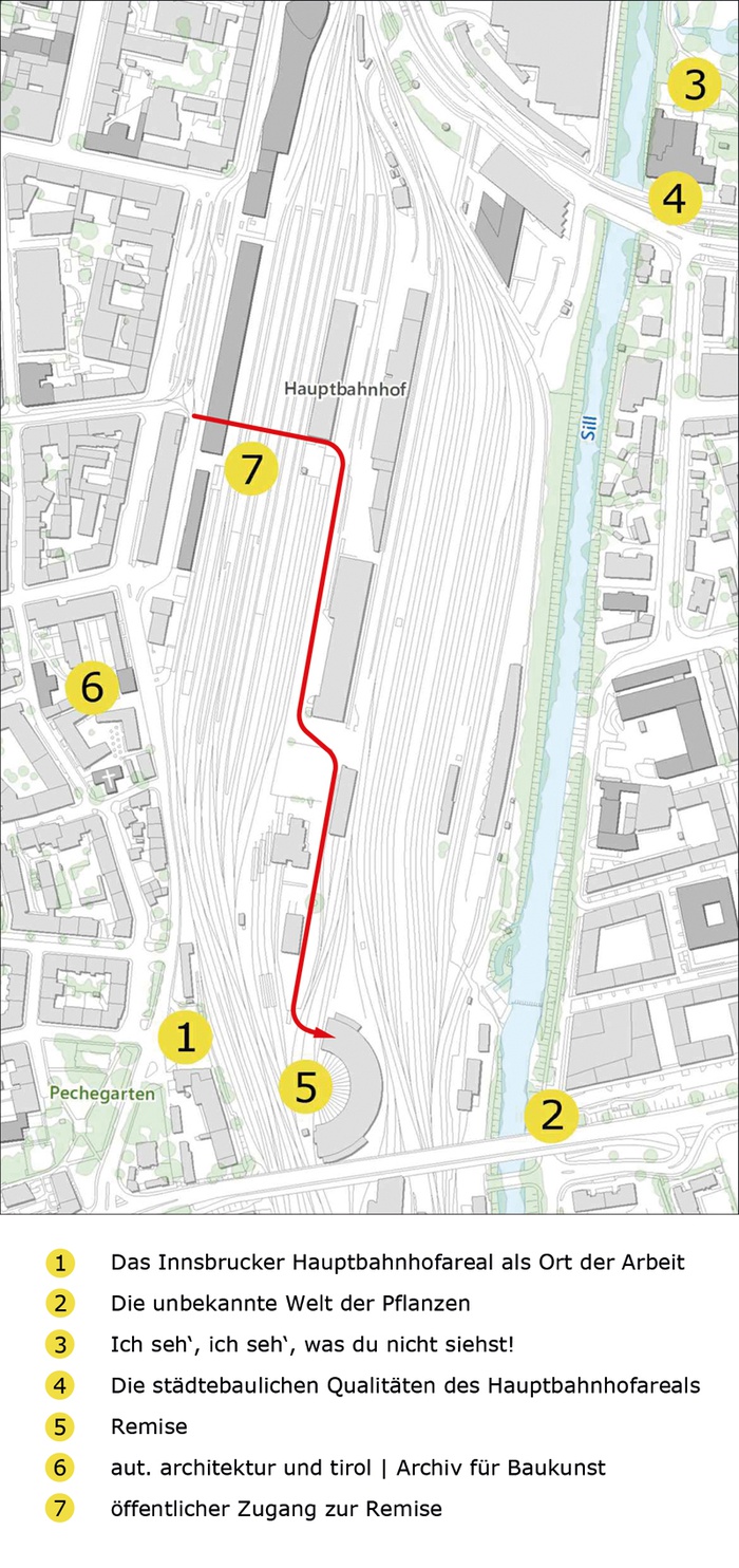 1 – 4 Treffpunkte der Spaziergänge und Führungen, 
7 öffentlicher Zugang zur Remise über den Hauptbahnhof (rot gekennzeichnet)