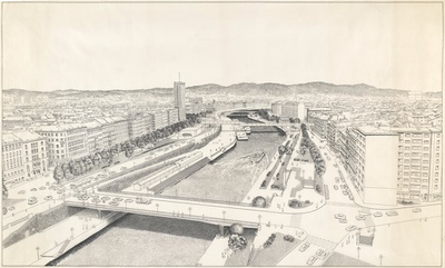 Viktor Hufnagl, Perspektive Donaukanal, Wien, ca. 1975, Tusche auf Transparentpapier, 109 x 66 cm