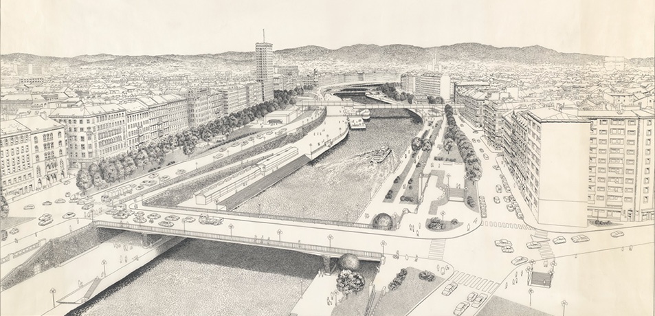 Viktor Hufnagl, Perspektive Donaukanal, Wien, ca. 1975, Tusche auf Transparentpapier, 109 x 66 cm – © Architekturzentrum Wien, Sammlung Viktor Hufnagl, Perspektive Donaukanal, Wien, ca. 1975, Tusche auf Transparentpapier, 109 x 66 cm