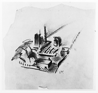 Lois Welzenbacher, Entwurfsskizze der Gesamtanlage des Adambräus mit Sudhaus, Kühlschiff, Betriebsgebäuden, Lagerräumen und Garten (undatiert);  Foto: Albertina, Wien